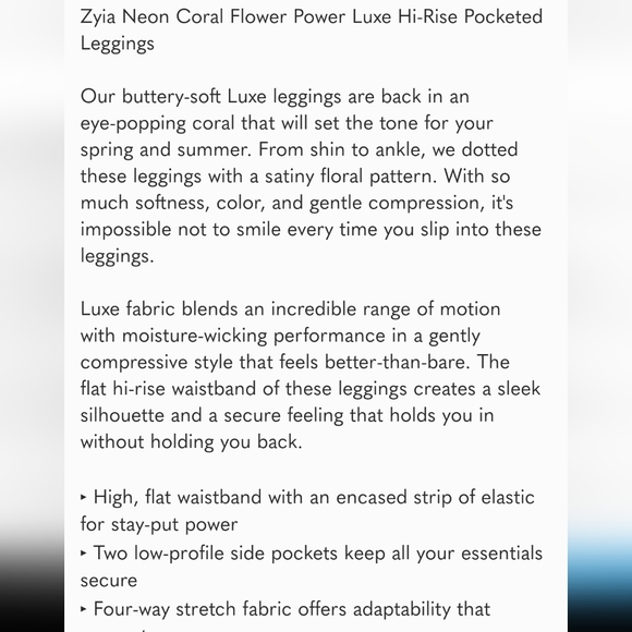 Zyia Neon Coral Flower Power Luxe High-Rise 7/8 tights (side pocket) size 6-8 - Picture 2 of 4